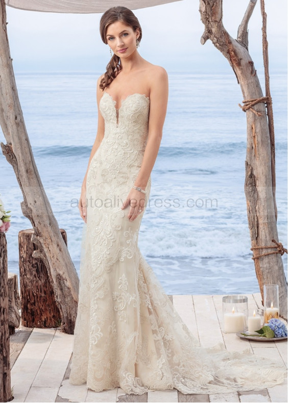 Plunging Sweetheart Neck Ivory Lace Tulle Classic Wedding Dress